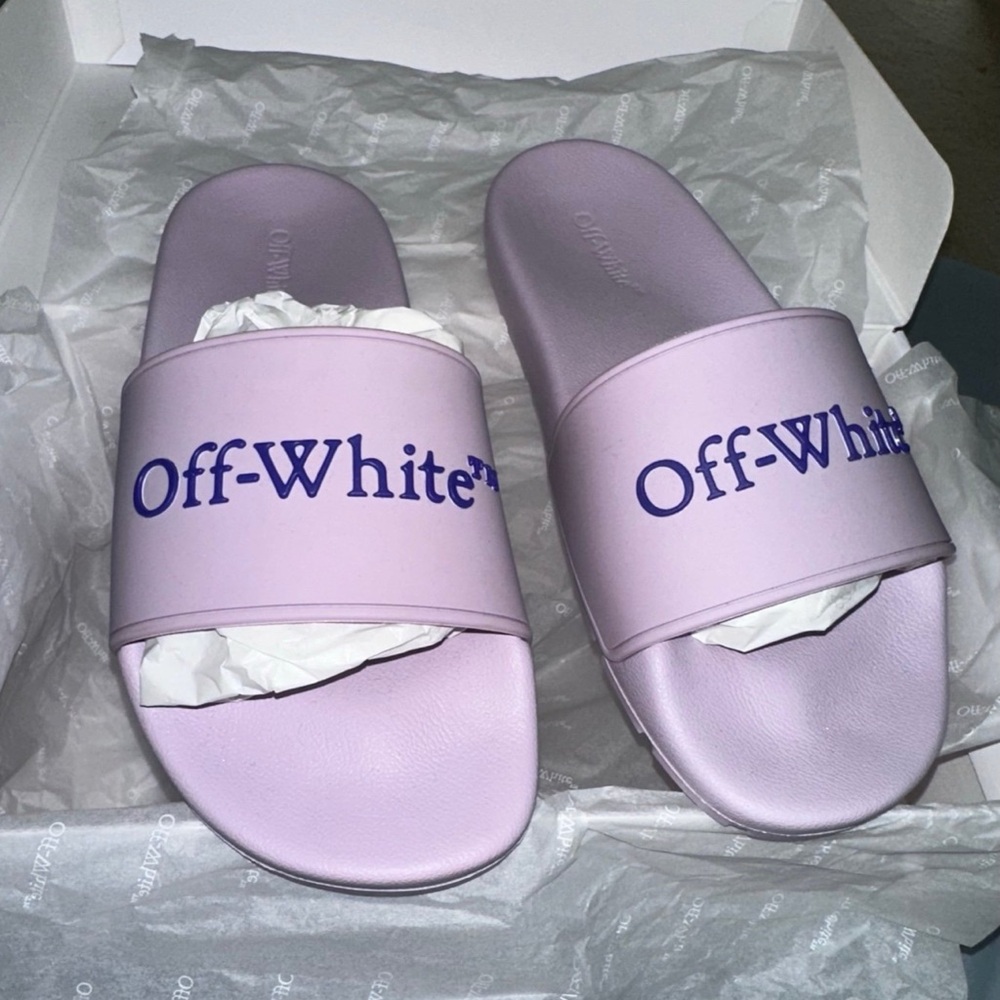 Off-White Lilac Slide Sandals with Navy Logo - Women